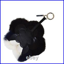 FENDI Logo Flower Motif Charm Key Chain Fur Leather Black Italy 66JH635