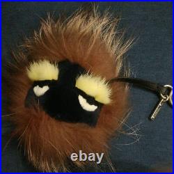FENDI Monster Bag Fur Charm Leather Key Chain Ring Brown Black Women's #148D