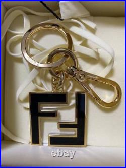Fendi Authentic FF Motif Logo Bag Charm Key Holder Key Chain Gold Black withBox