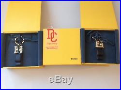 Fendi Luxury Ff Logo Navy Black Calf Leather Silver Key Chain Holder Ring