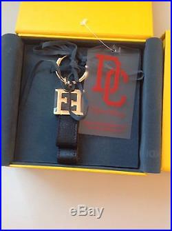 Fendi Luxury Ff Logo Navy Black Calf Leather Silver Key Chain Holder Ring