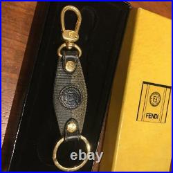 Fendi Vintage FF Zucca Logo Black Leather Bag Charm Key Holder Key Chain withBox