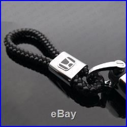For Honda Logo Emblem Key Chain Key Ring Metal Alloy BV Style Calf Leather Black