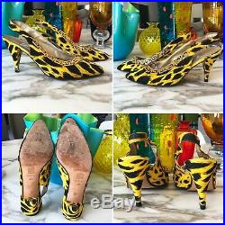 GIANNI VERSACE shoes Animal print with gold-tone Greek Key chain slingback pumps