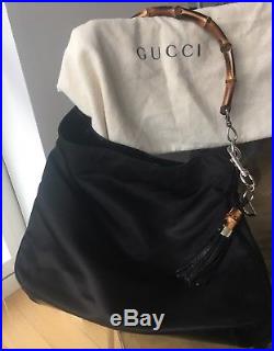 GUCCI Bamboo Black Nylon, Patent Leather HandBag Gucci Leather Tassel Keychain