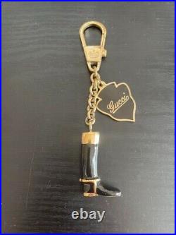 GUCCI Boot Motif Bag Charm Key Ring Key Chain Black x Gold Color Logo used JAPAN