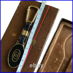 GUCCI Interlocking G Key Ring Key Chain Bag Charm Black Gold Metal Leather withBox
