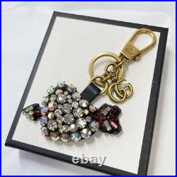 GUCCI Key holder ring Key chain Bag charm AUTH Logo stone Heart Black Gold F/S