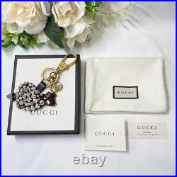 GUCCI Key holder ring Key chain Bag charm AUTH Logo stone Heart Black Gold F/S
