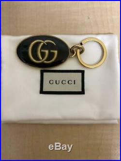 GUCCI Oval Key Ring Double GG Logo Key Chain Gold Color Bag Charm Black Enamel