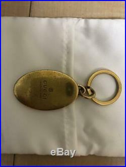 GUCCI Oval Key Ring Double GG Logo Key Chain Gold Color Bag Charm Black Enamel