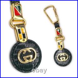 GUCCI bag charm key chain disc-shaped leather black gold color L11.5cm 22g used