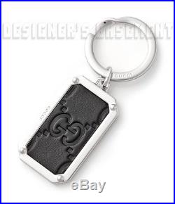 GUCCI black GUCCISSIMA Leather rectangular metal KEY CHAIN Ring NIB Authentic