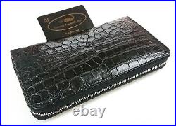 Genuine Crocodile Alligator Belly Skin Leather Zip Checkbook Black Clutch Wallet