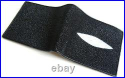 Genuine Real Stingray Skin Leather Man Bifold Shiny Black Wallet Belt Gift Set