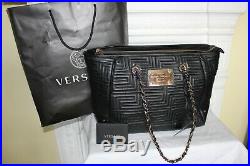 Gianni Versace Couture Black Quilted Greek Key Bag Large Tote Chain Meanders