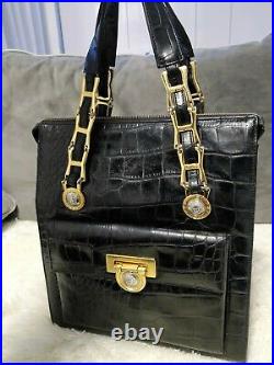 Gianni Versace Medusa Greek Key Croc Leather Tote Bag Chain Top Handle Briefcase