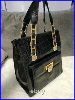 Gianni Versace Medusa Greek Key Croc Leather Tote Bag Chain Top Handle Briefcase