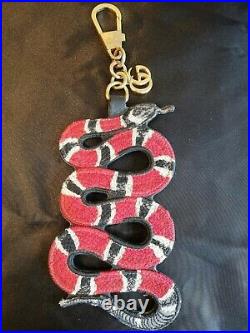 Gucci Auth. Red and Black Snake Embroidered Keyring WithCoated Canvas Back Italy