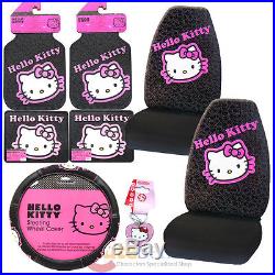 Hello kitty Car Seat Cover Accessories Set 8pc Collage Mats Key Chain Pink Black