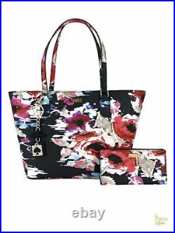 KATE SPADE Black Laurel Way Blurry Floral Dally Tote Bag Wallet & Keychain Set