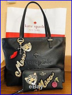 Kate Spade Cat Leopard Leather Tote Hand Shoulder Bag Matching Wallet Key chain