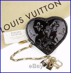 LOUIS VUITTON Black Vernis Heart Coin Purse withCharms D-ring on Chain