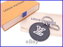 LOUIS VUITTON LV Circle Eyelet Bag Charm Key Ring Black Taiga Leather e41375