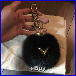 LOUIS VUITTON Mink Fur Bag Charm Key ring Black Charm Excellent