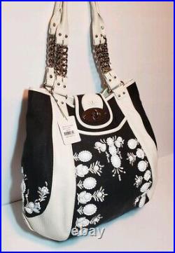 Lockheart Rare Blk/wht Gwen Jeweled Leather And Canvas Shoulder Handbag Nwt $625