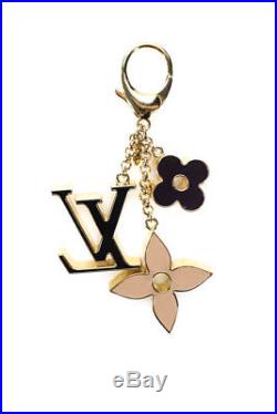 Louis Vuitton Keychain Fleur De Monogram Gold Tone Metal Pink Black Enamel Charm