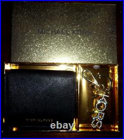 MICHAEL KORS 2-PC SET Womens MK Black Saffiano Wallet Gold Pendant Keychain +BOX