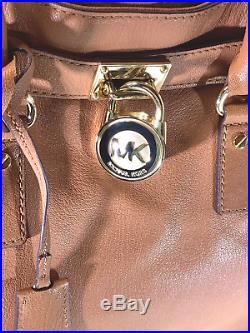 MICHAEL KORS Brown Large HAMILTON Lock & Key Chain Tote Satchel Handbag Gold
