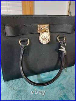 Michael Kors Hamilton Medium Satchel Bag with Gold Chain and Lock & Key Black