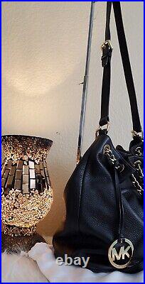 Michael Kors L Black Pebbled Leather Hobo Convertible Bag withGold Chain Accents