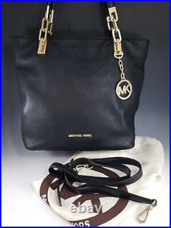 Michael Kors Large Black Leather Shoulder Tote Bag Heavy Gold Chain w Dust Cover