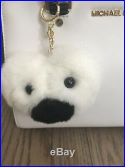 Michael Kors Selma Medium Satchel Handbag Black White Leather w Fur Pom Keychain