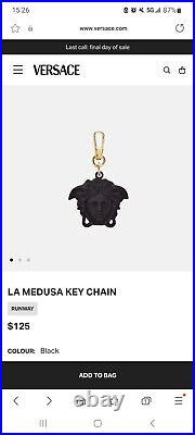 NEW $125 Versace La Medusa black rubber silicone key ring chain charm gold hook