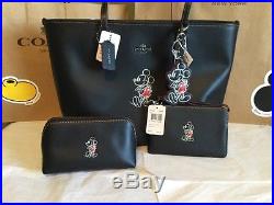 NEW COACH DISNEY X MICKEY MOUSE LEATHER TOTE withWristlet-Keychain-Cosmetic Bag