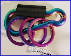 NEW COACH IRIDESCENT OIL SLICK CARABINER KEY FOB KEYCHAIN WithBLACK LEATHER #38613