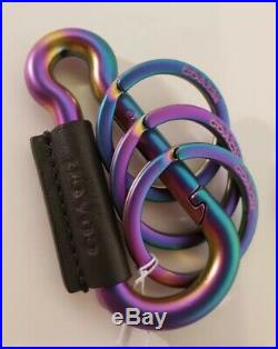 NEW COACH IRIDESCENT OIL SLICK CARABINER KEY FOB KEYCHAIN WithBLACK LEATHER #38613