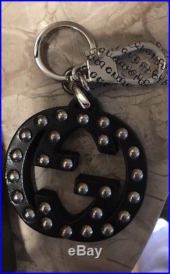NEW GUCCI Interlocking GG Studded Black LEATHER Key Ring ChAIN Bag & Box Includ