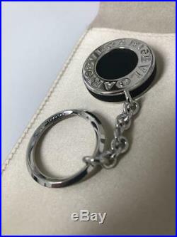 NEW Round BVLGARI Sterling Silver Keyholder Keyring Black Rubber Keychain 34891