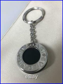 NEW Round BVLGARI Sterling Silver Keyholder Keyring Black Rubber Keychain 34891