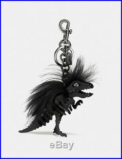 NWT$175 COACH Punk REXY Dinosaur Long Mohawk Black Leather Bag Charm Key Ring