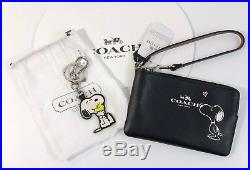 NWT COACH X PEANUTS Snoopy Zip Wristlet F65193 Plus Keychain F65165 Black Calf