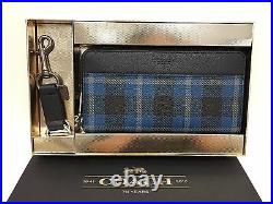 NWT Coach Men Accordion Plaid Zip Wallet Key Chain Gift Box F55431 Black/Denim