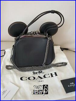 NWT Disney x COACH Mickey Mouse Black Kisslock Leather Bag w Key Chains
