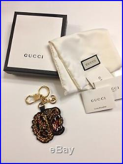 NWT Gucci Rhinestone Tiger Keychain Bead Embroidered Tiger Head GG Detail New