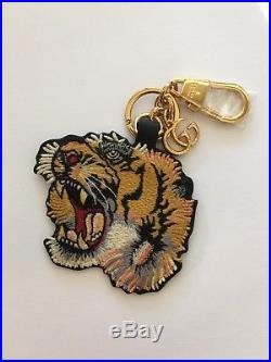 NWT Gucci Tiger Keychain Embroidered Tiger Head Leather Base Gold Tone Hardware